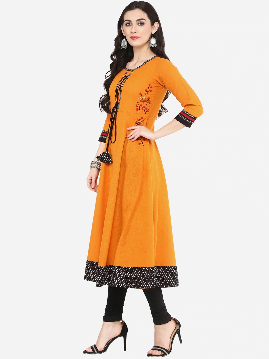 Women’s Embroidered Mustard Cotton Slub Anarkali Kurta, 3/4th Sleeves
