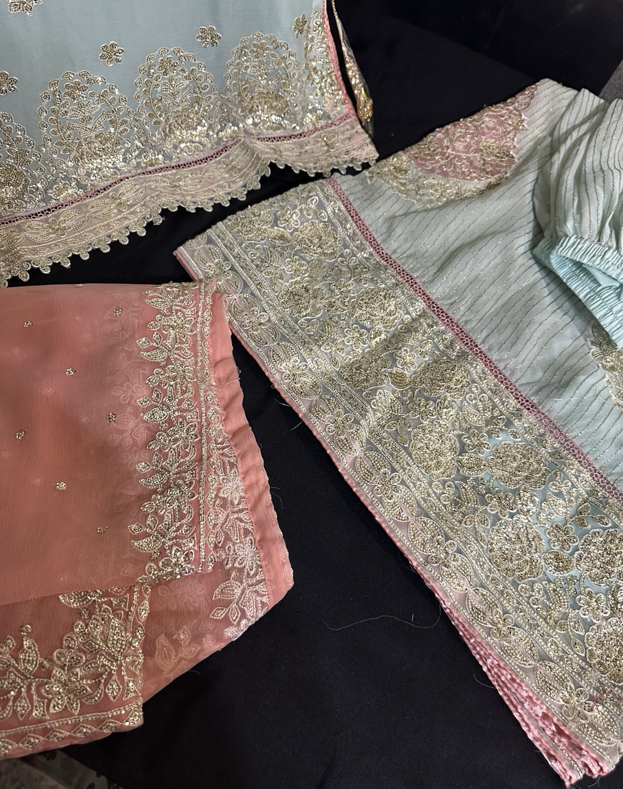 EID COLLECTION, Premium Chiffon Emb/Seq 3 Pc Plazo Suit – Large – $85