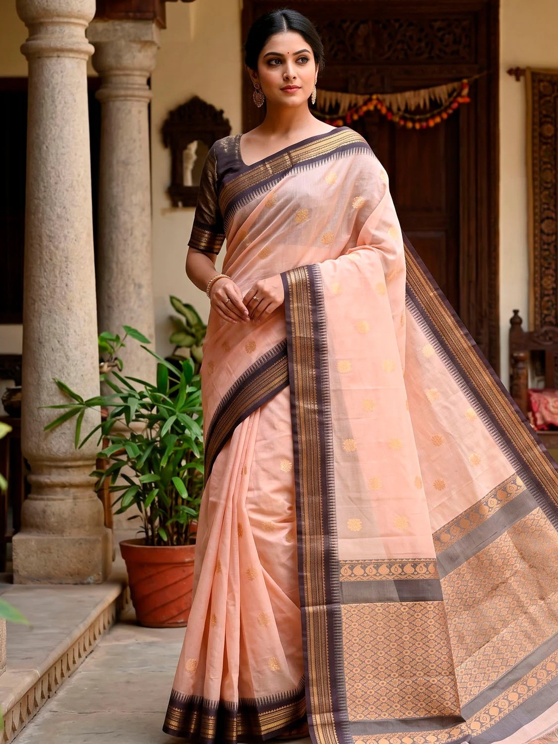 Women Peach Gadwal Cotton Saree With Traditional Border And Without Blouse