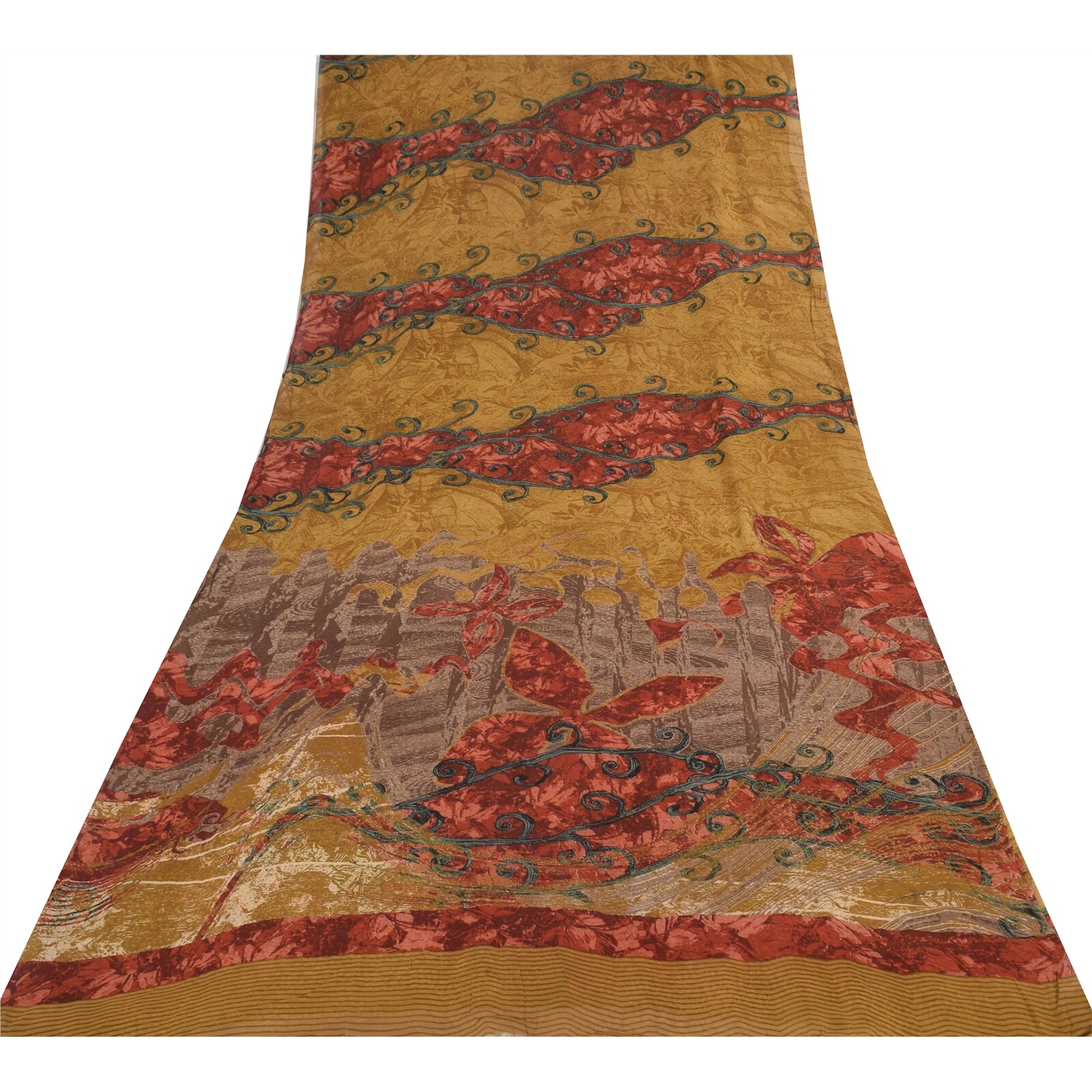 Sanskriti Vintage Sarees Mustard Pure Georgette Printed Sari 5+Yd Craft Fabric