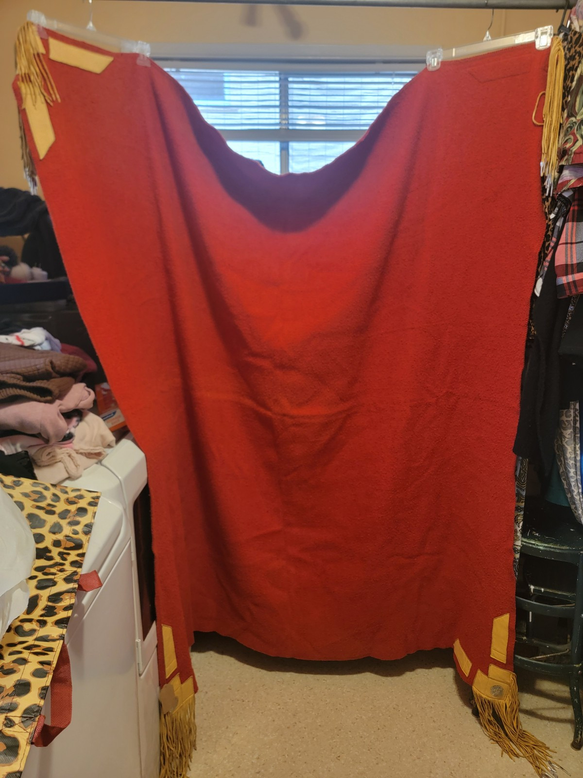 100% Red Wool Blanket Robe With Leather Trim & Concho