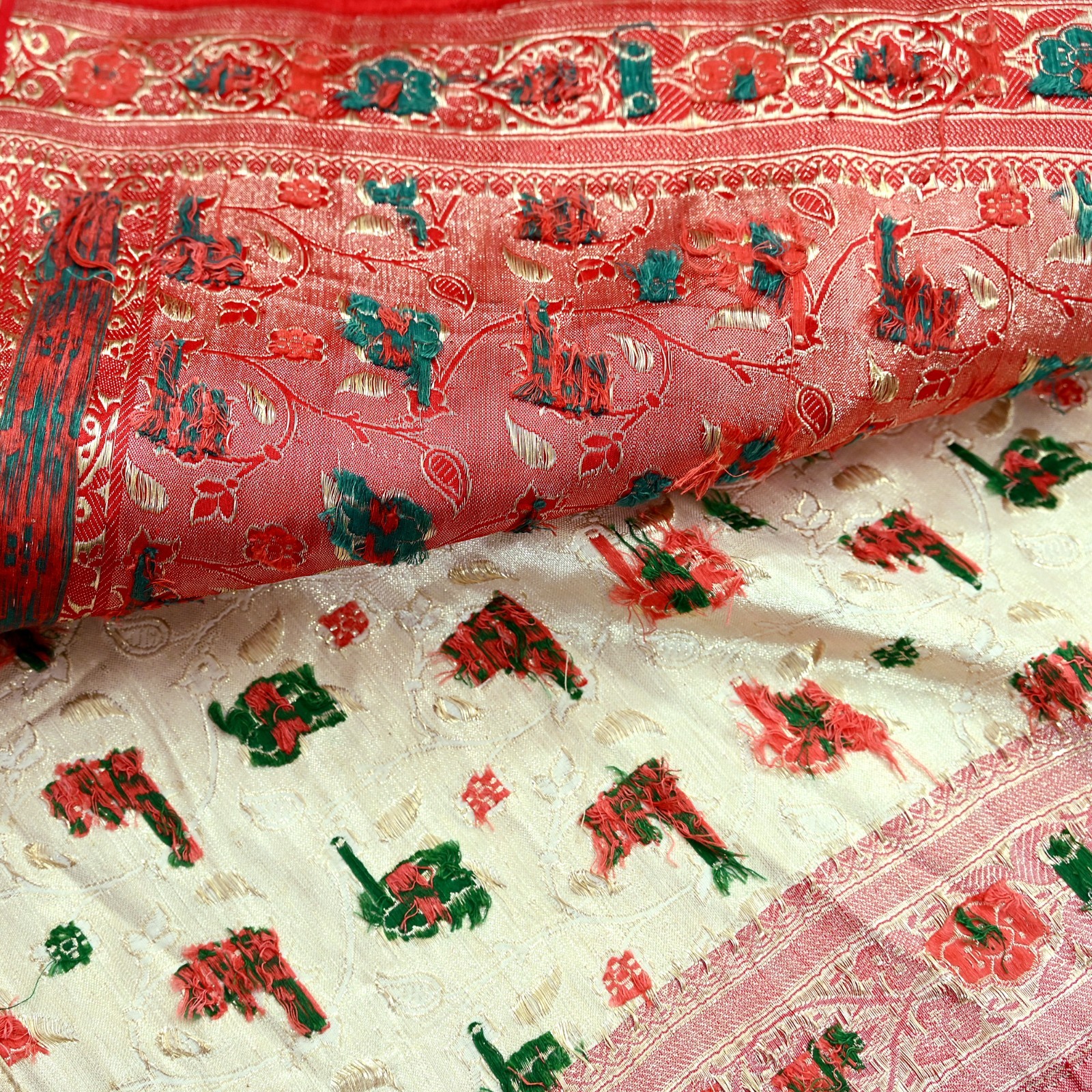 Indian Antique Vintage Heavy Sari Red & White Pure Satin Silk Hand Woven Saree
