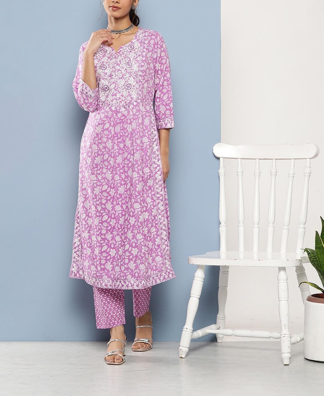 Women Purple Gathered Floral Print Kurta Pant Set Indian Ethnic Wear