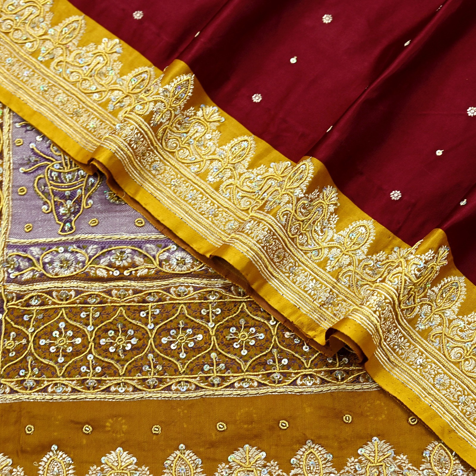 Vintage Heavy Saree Pure Satin Silk Hand Embroidered Banarsi Brocade Sari Dabka