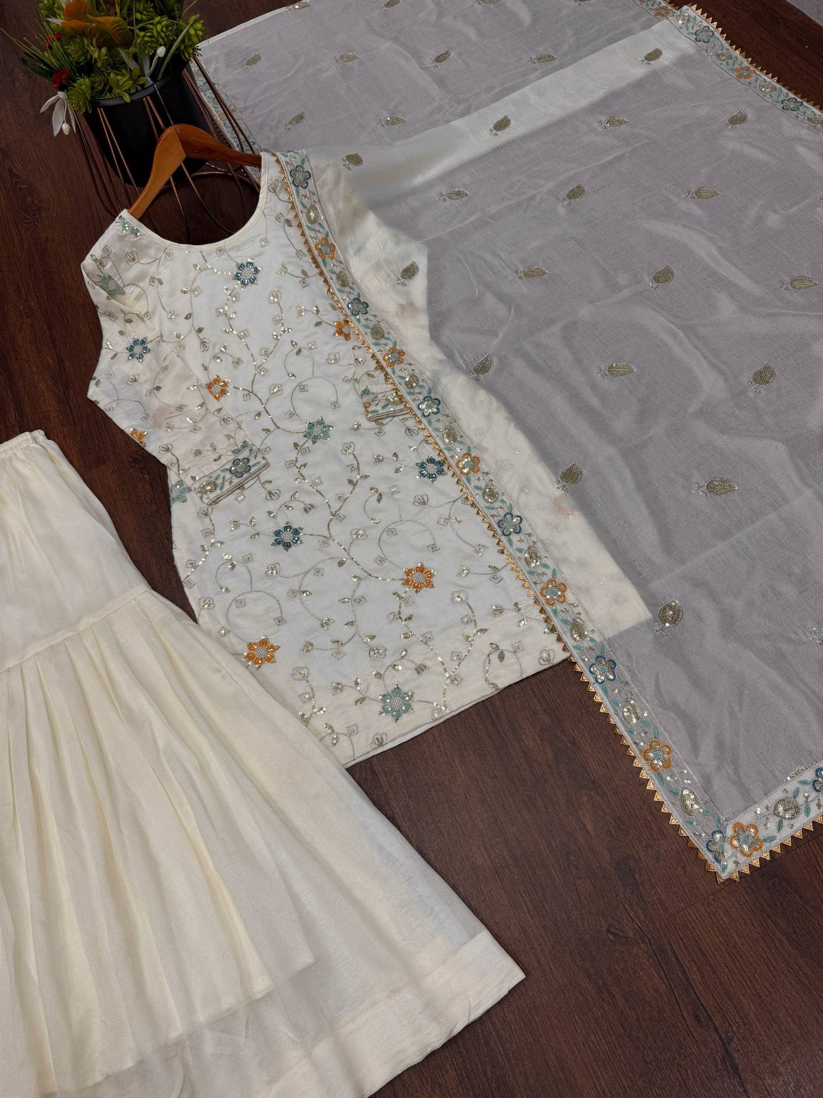 Off White Latest Pure Chinon Top Palazzo With Dupatta For Wedding & Party Wear
