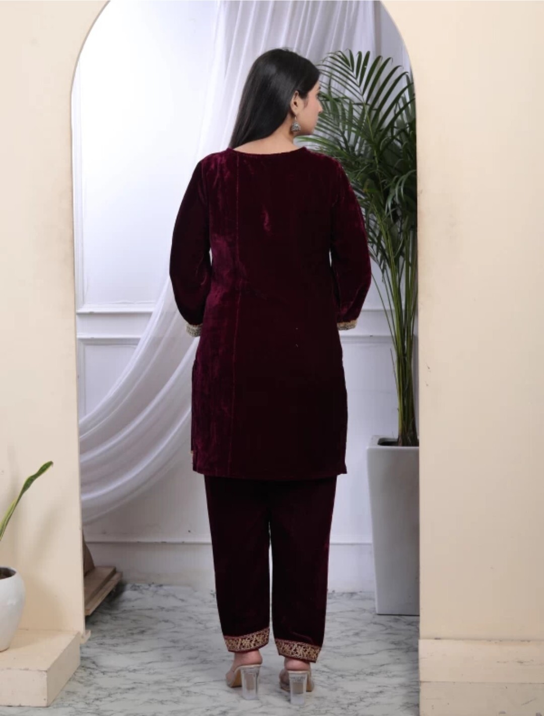 Indian Ethnic wear; Women Solid Zari Lace work Velvet Kurta with Salwar