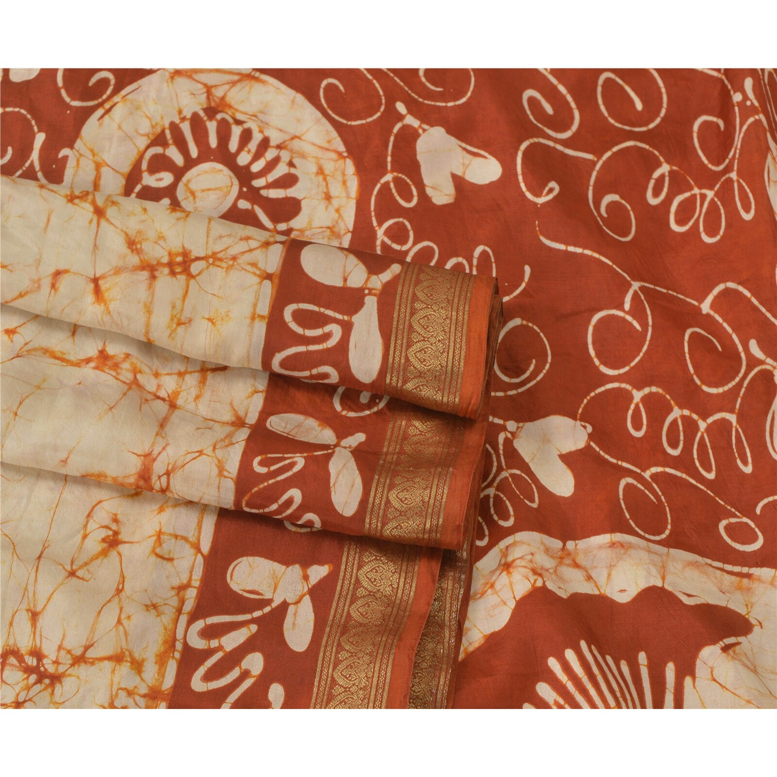 Sanskriti Vintage Sarees Pure Silk Batik Work Craft Fabric Zari 5 Yd Border Sari