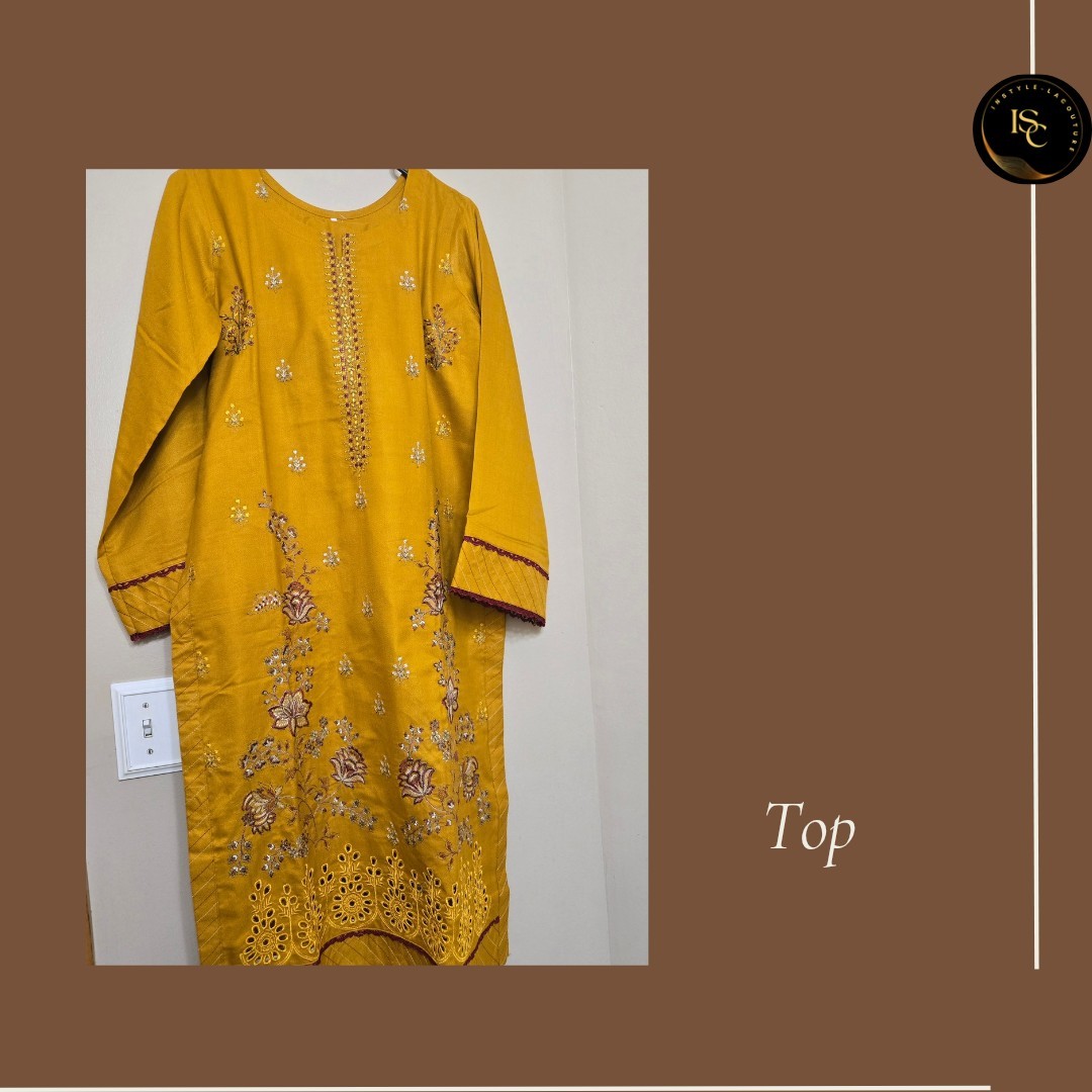 Indian Pakistani Mustard Yellow 3-piece Embroidered Pashmina Suit Size M
