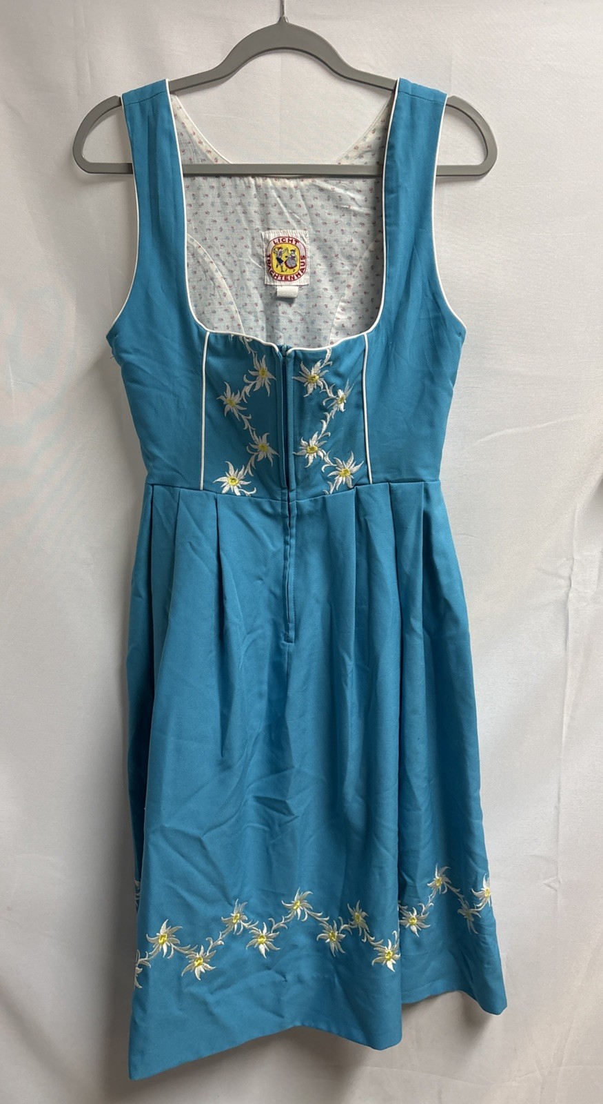 VTG Licht Trachtenhaus Bavarian German Dress Blue Embroidered Flowers Size 12