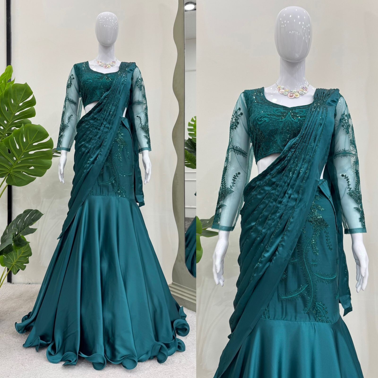 Turquoise Ready-to-Wear Lehenga Saree | Satin Saree with Thread & Sequence Work