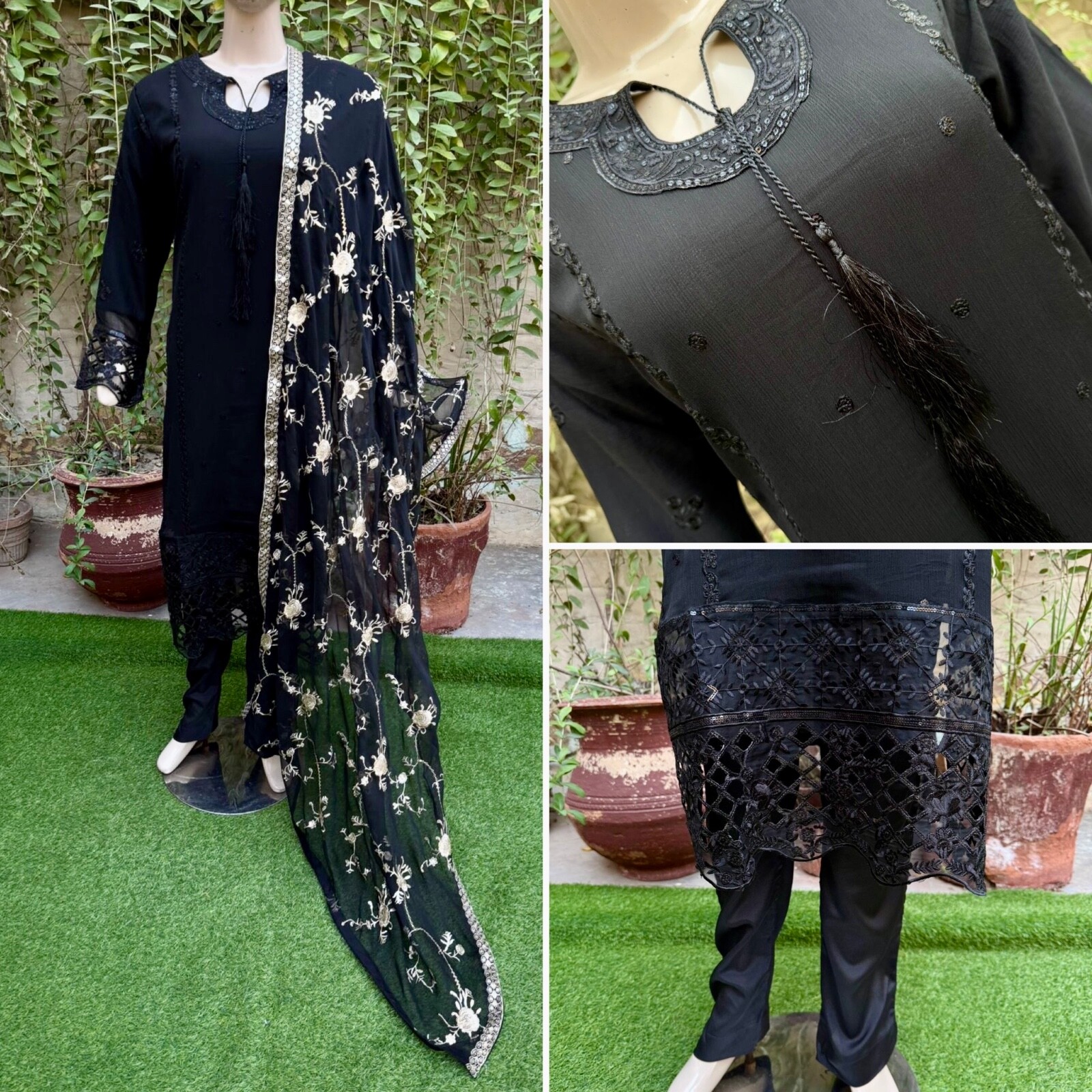 Pakistani Black 3Pcs Fancy Chiffon Dress with embroidery & Squins work,L