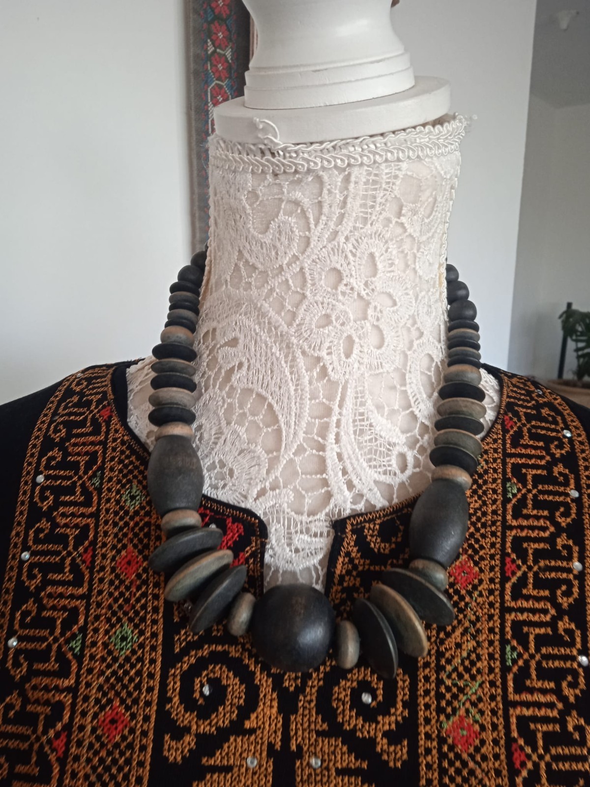 3pc Handmade Palestinian Tatreez Set: Olive Green Bag Wood Handle Scarf Necklace