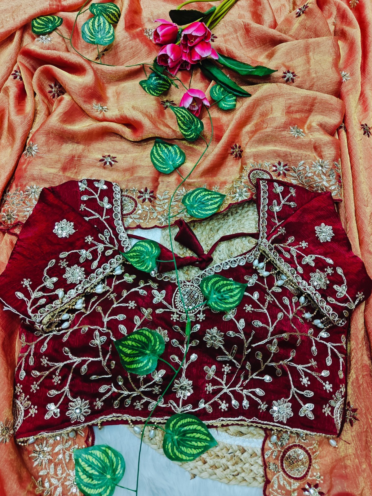 Orange Organza Silk Saree Embroidered Party Wear Designer Blouse Women Peach
