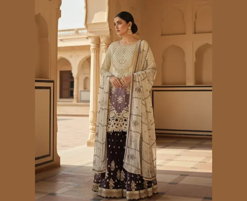 Cream Plum Embroidered Gharara Suit 3 Piece Chiffon Wedding Dress