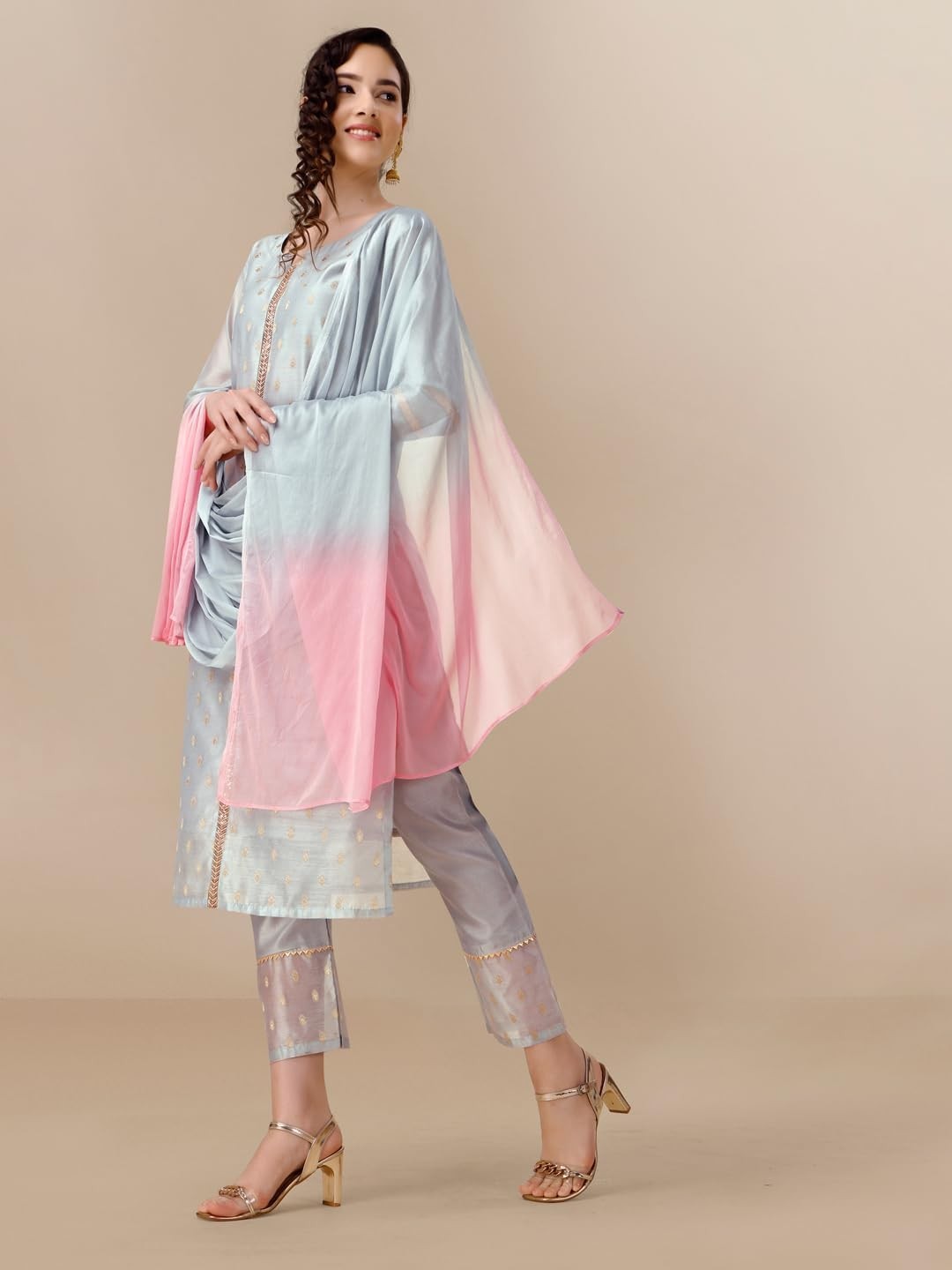 Women’s Chanderi Silk Jacquard Straight Kurta Pant with Dupatta