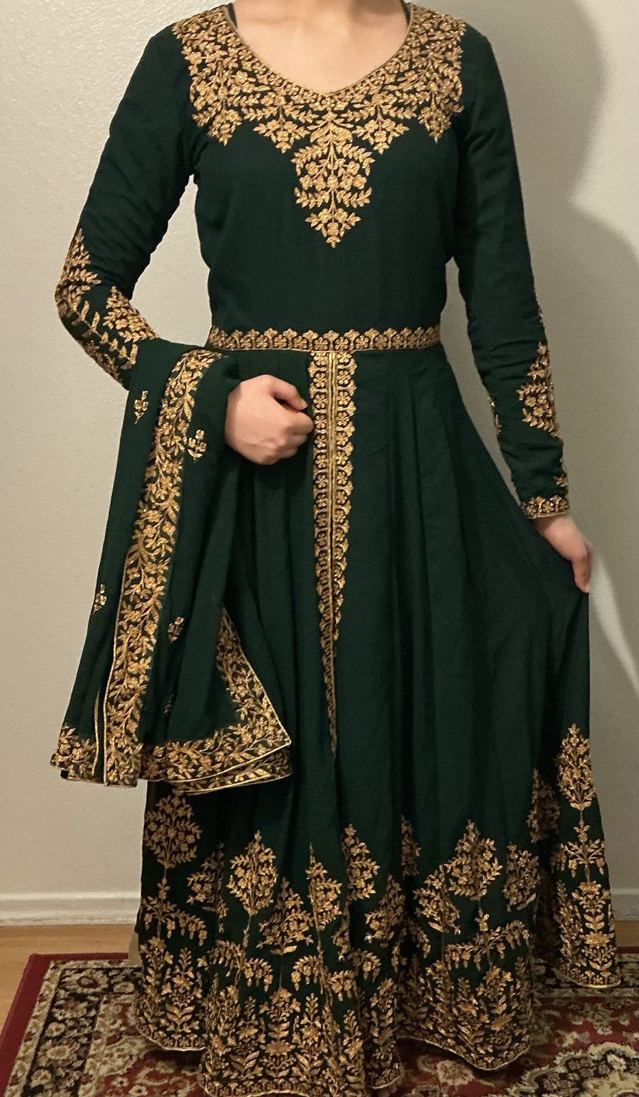 Anarkali Salwar Kameez Set Green Gold Embroidery with Dupatta Women