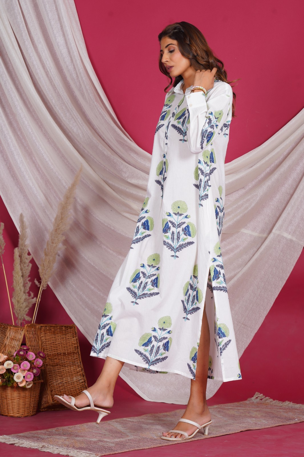 Hand Block Printed Cotton Long Kurta for Women Floral White Tunic with Side Slit