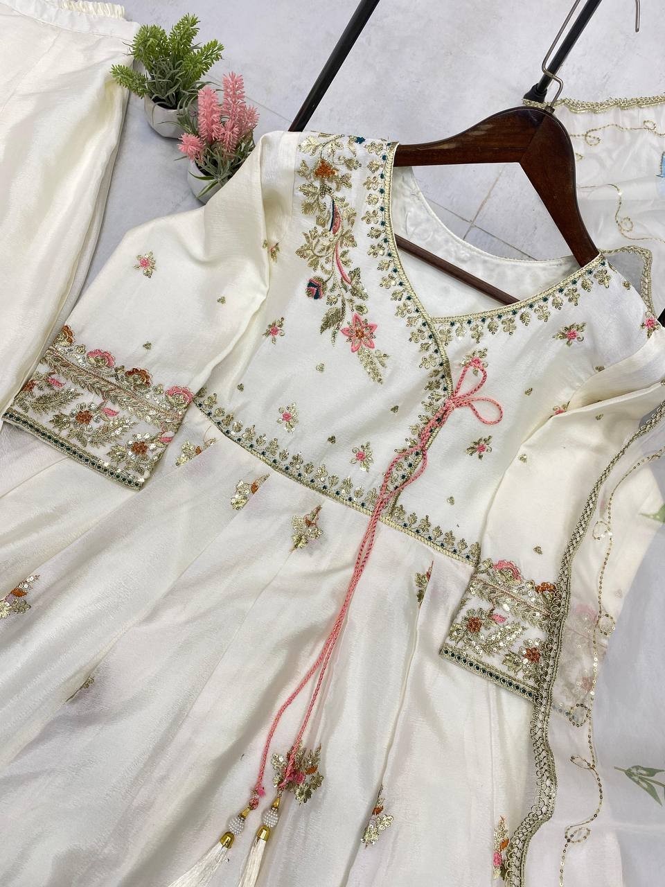 New Attractive Chinon White Gown Palazzo With Dupatta For Women & Girls
