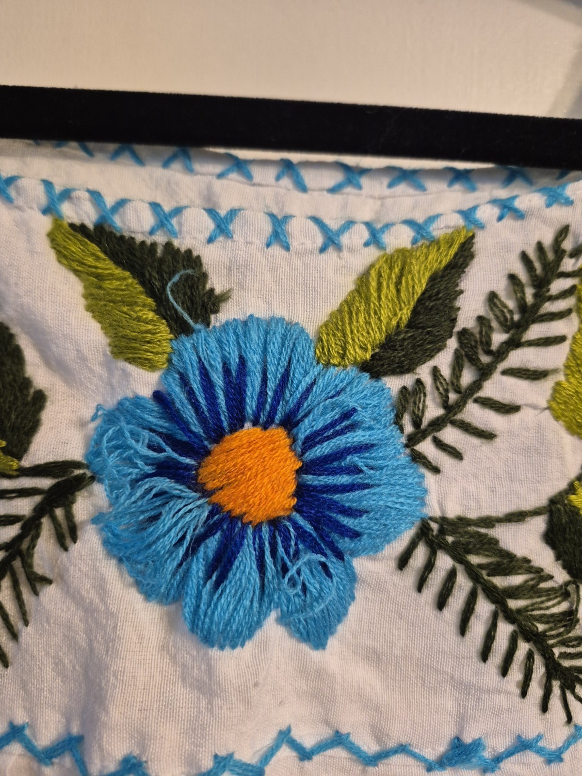 Handmade traditional puebla mexican embroidered White dress with blue floral.c1