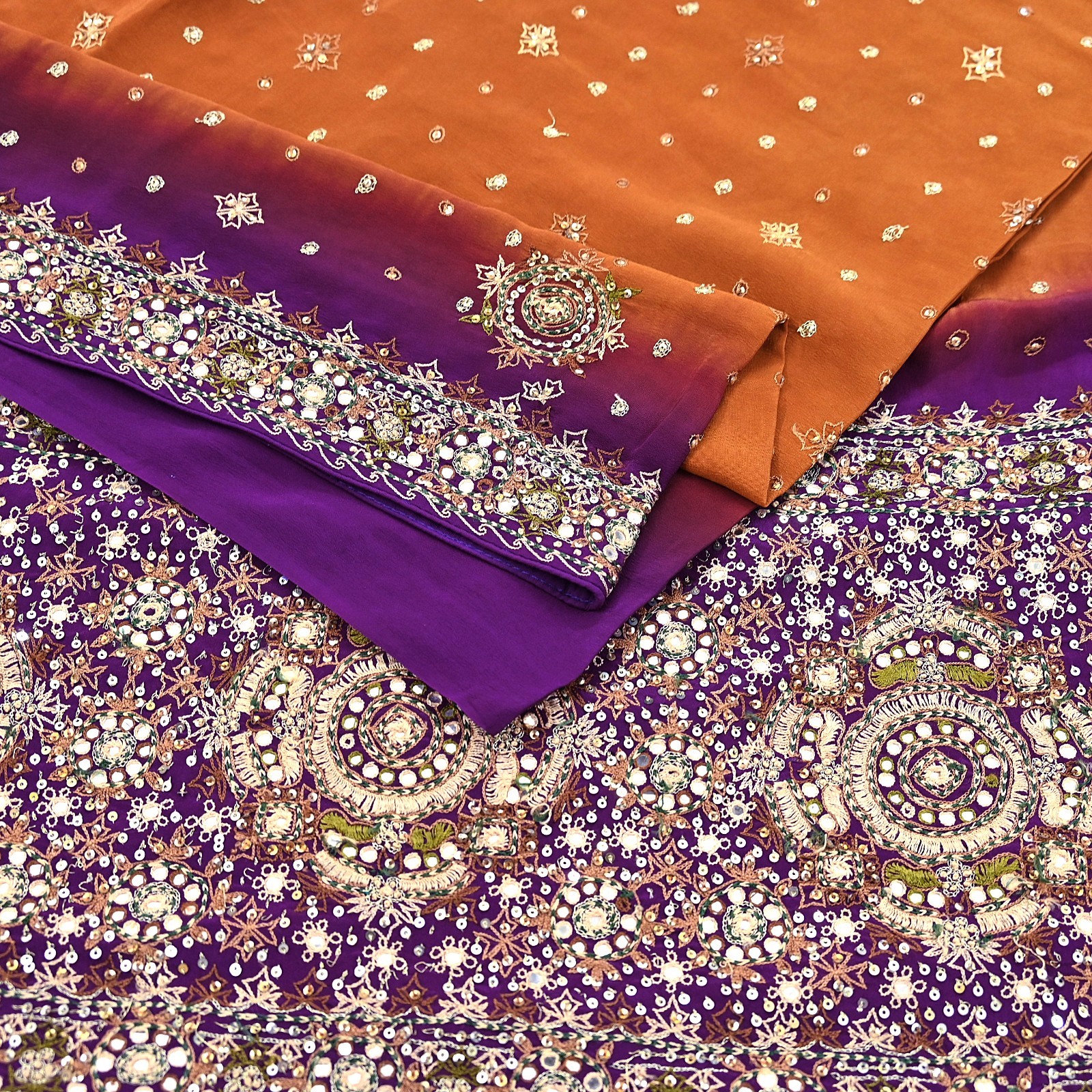 Indian Vintage Sari Purple & Mustard Pure Crepe Silk Hand Embroidered Sarees 6yd