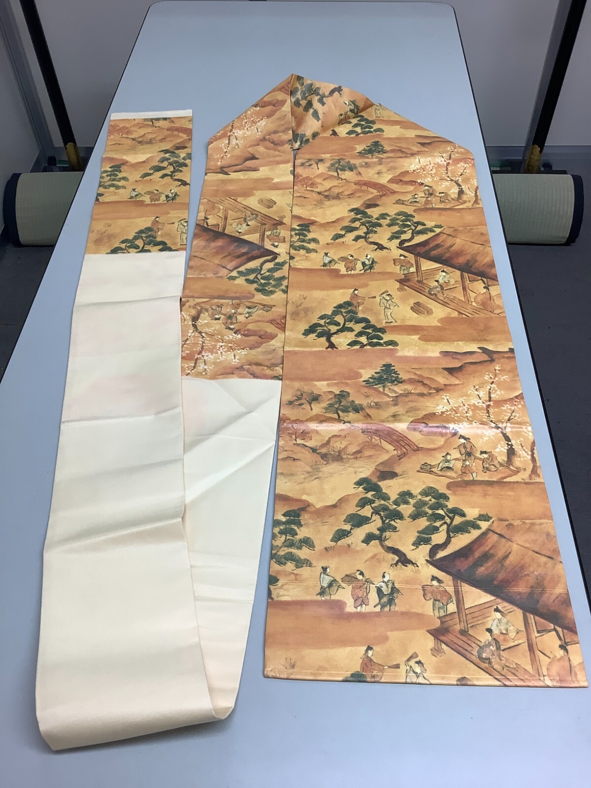 Japanese Vintage Kimono Nagoya Obi polyester orange life landscape 149.6×12.5in