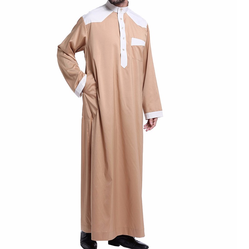 Men Long Sleeve Muslim Clothing Saudi Jubba Arab Kaftan Thobe Button Dress Robe