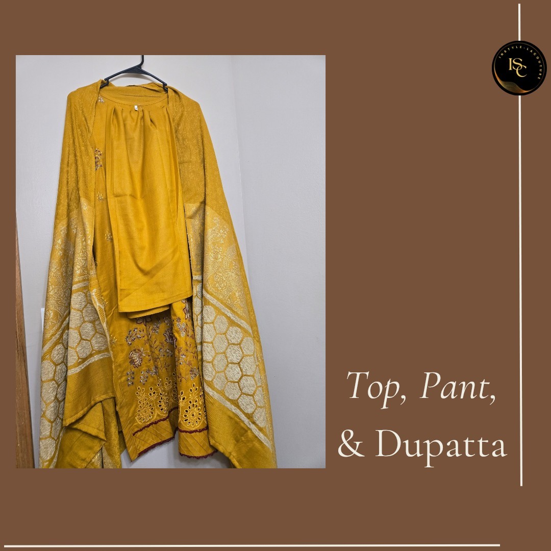 Indian Pakistani Mustard Yellow 3-piece Embroidered Pashmina Suit Size M