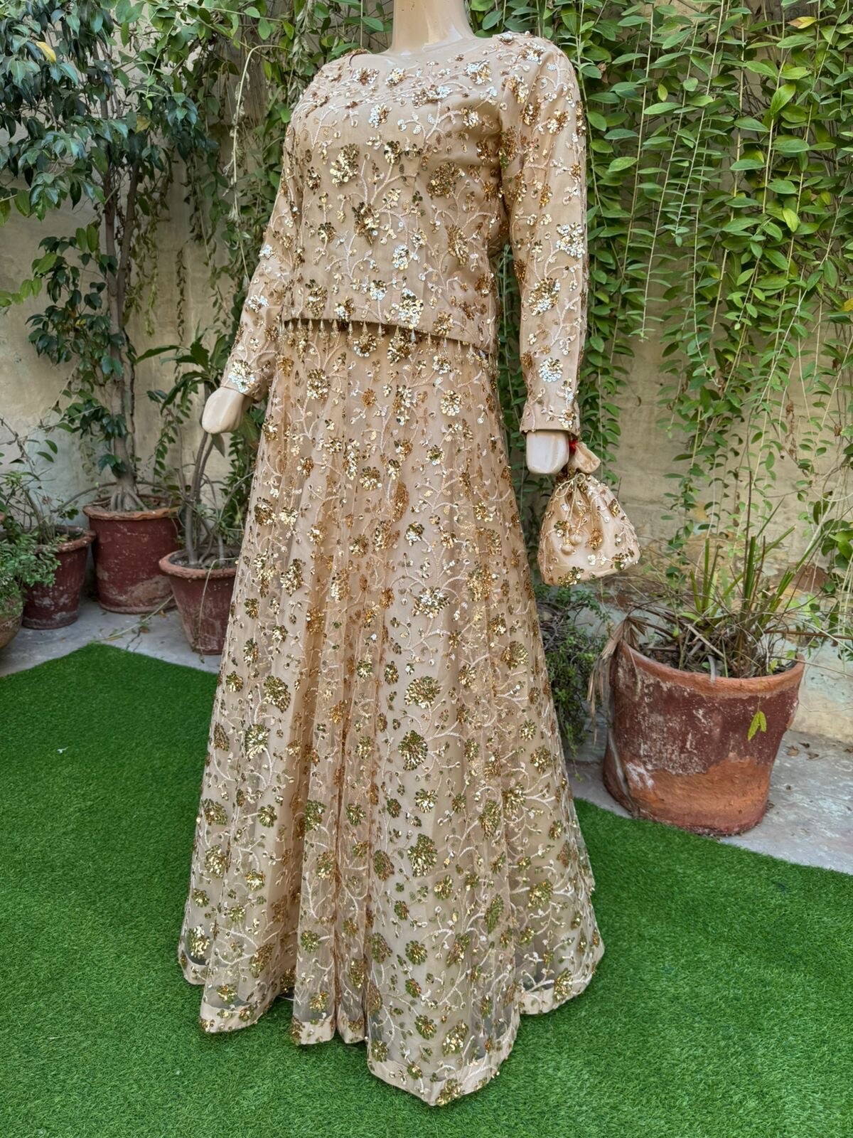 Pakistani Beige Straight Style Embroidered Sequins soft net Lehenga Dress,S