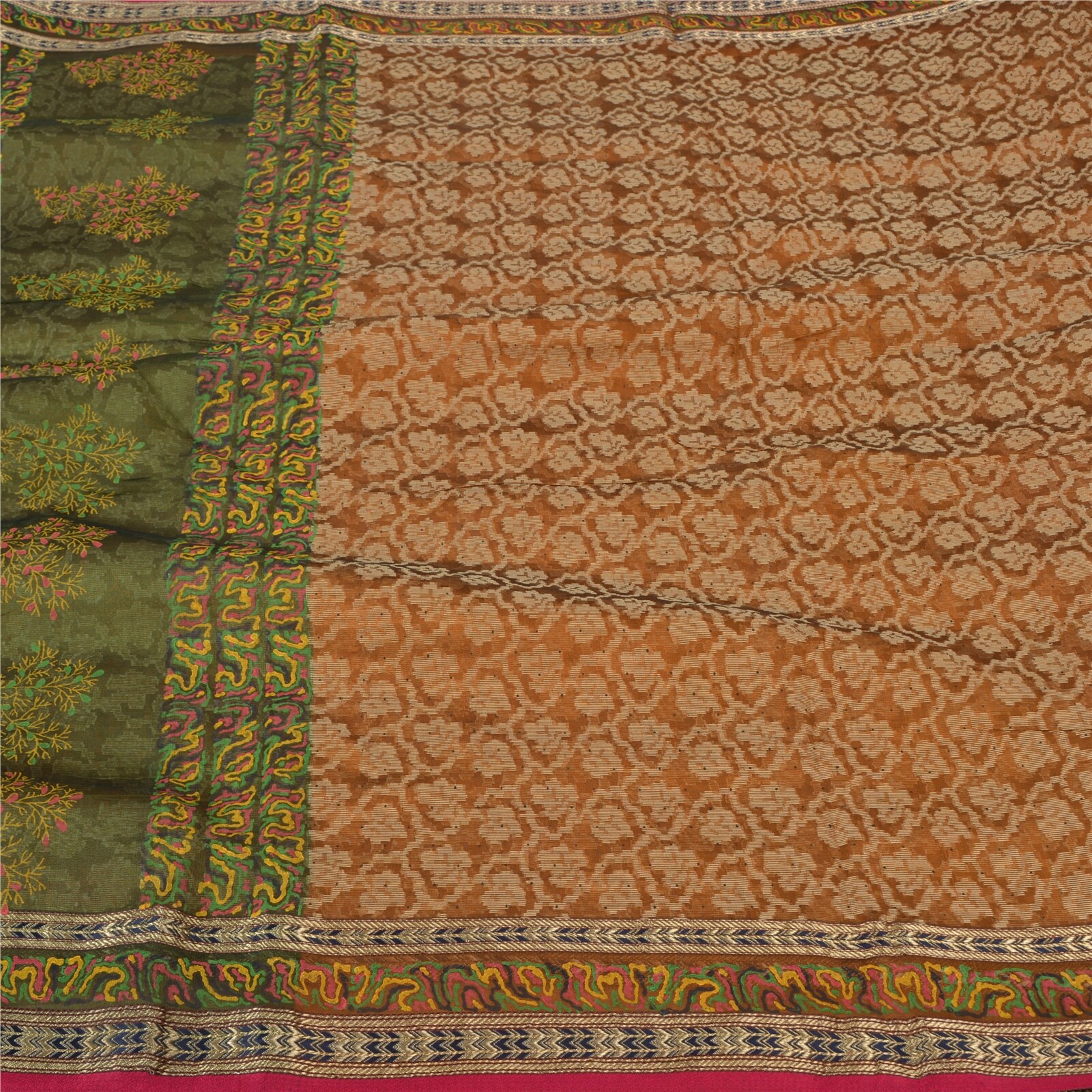 Sanskriti Vintage Orange/Green Sarees Pure Silk Woven Brocade Zari Sari Fabric