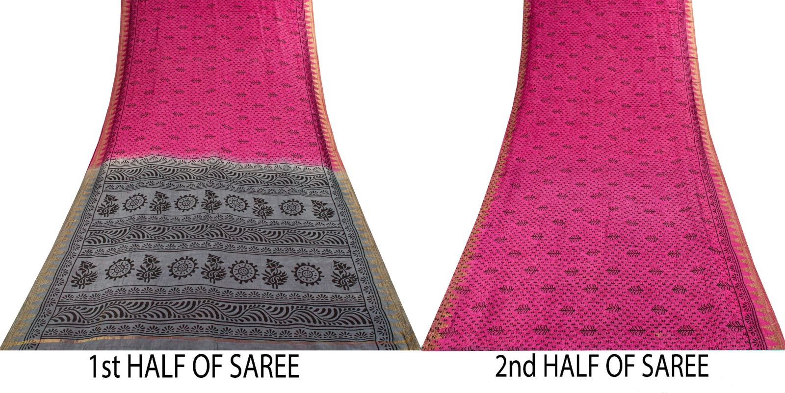 Sanskriti Vintage Pink Saree Cotton Silk Hand Block Printed 5.5+Yd Craft Fabric