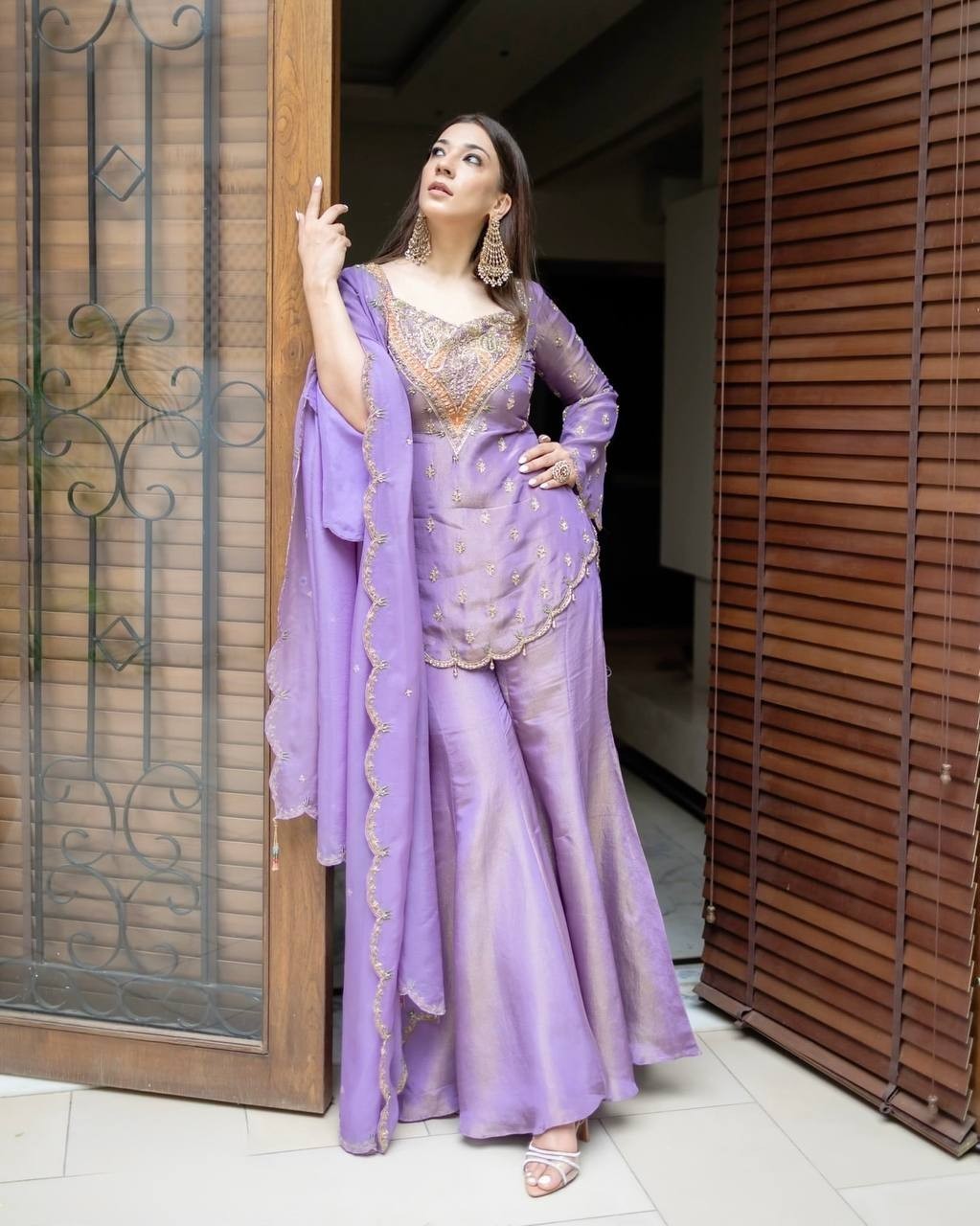 Indian Style Lavender Simar Silk Top Palazzo And Dupatta For Engagement Wear