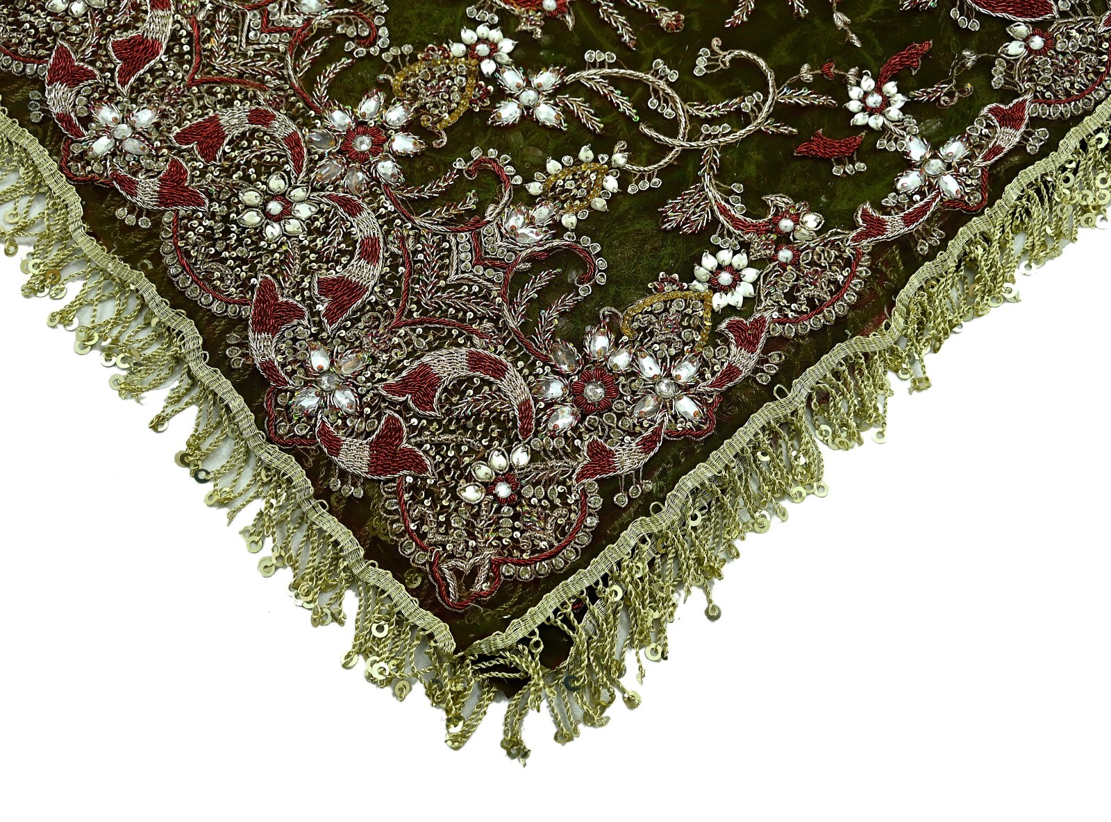 Vintage Heavy Green & Maroon Dupatta Net Mesh Long Stole Hand Embroidered Veil