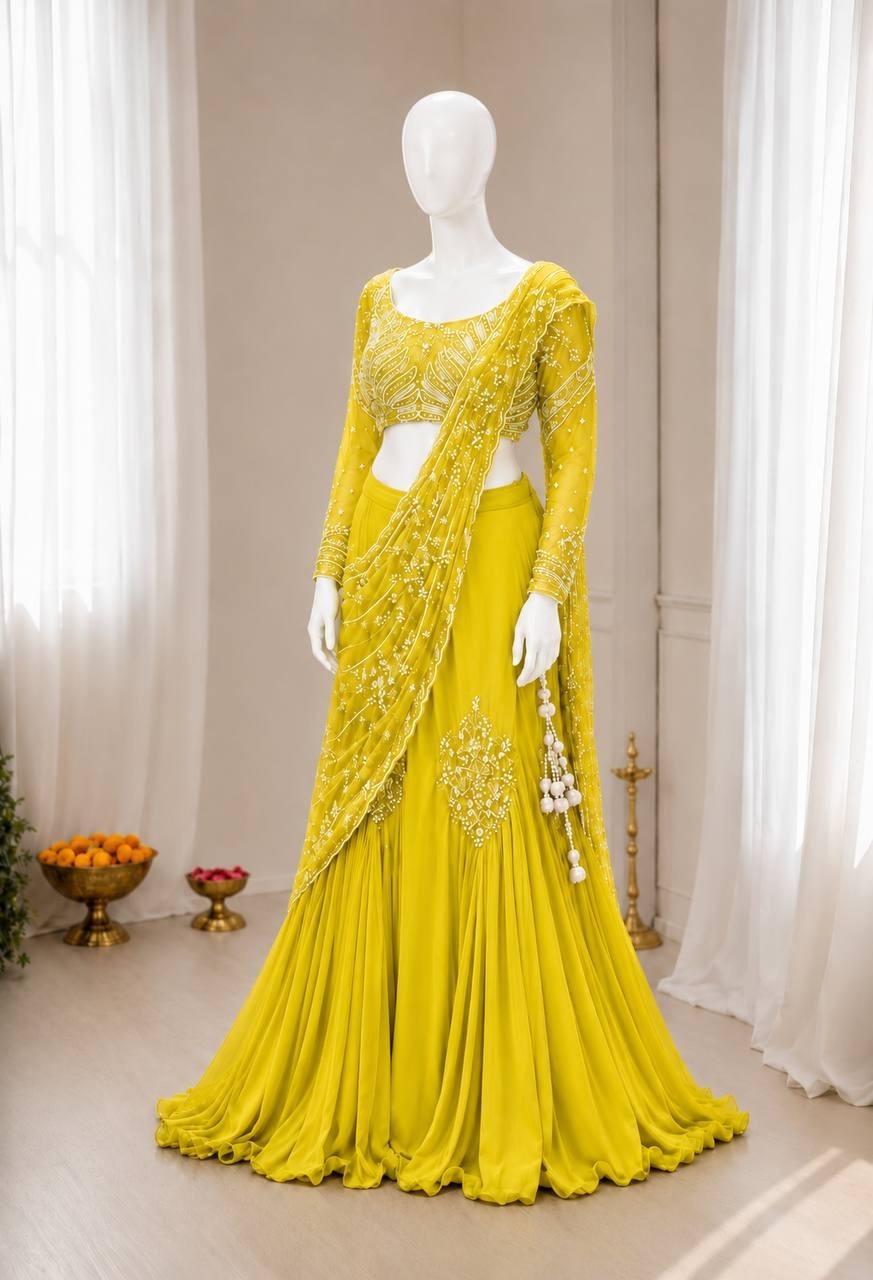 Haldi Ceremony Lehenga Style Saree Chinon Silk Wedding Mehndi Party Wear