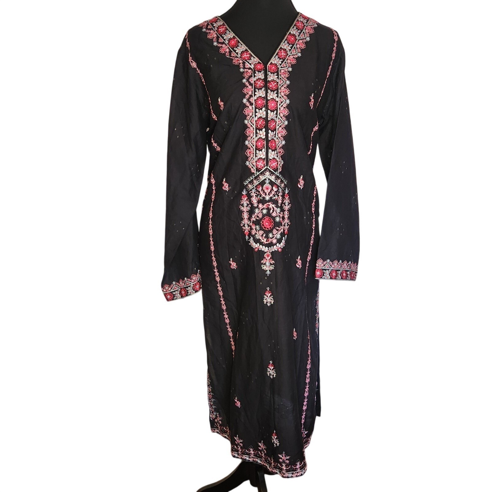AGHA NOOR Kurti Tunic Dress Womens Medium Black Embroidered Middle East Costume