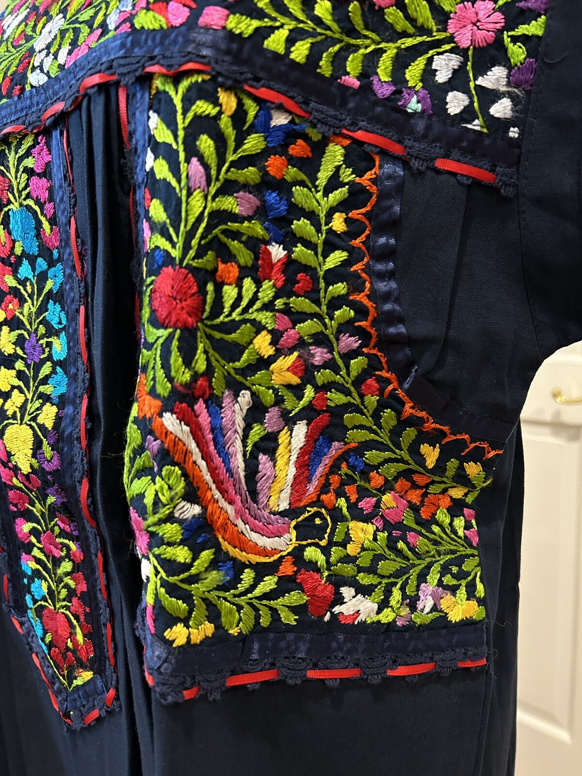 Mexican Navy Blue dress, Oaxaca dress, hand embroidery dress.