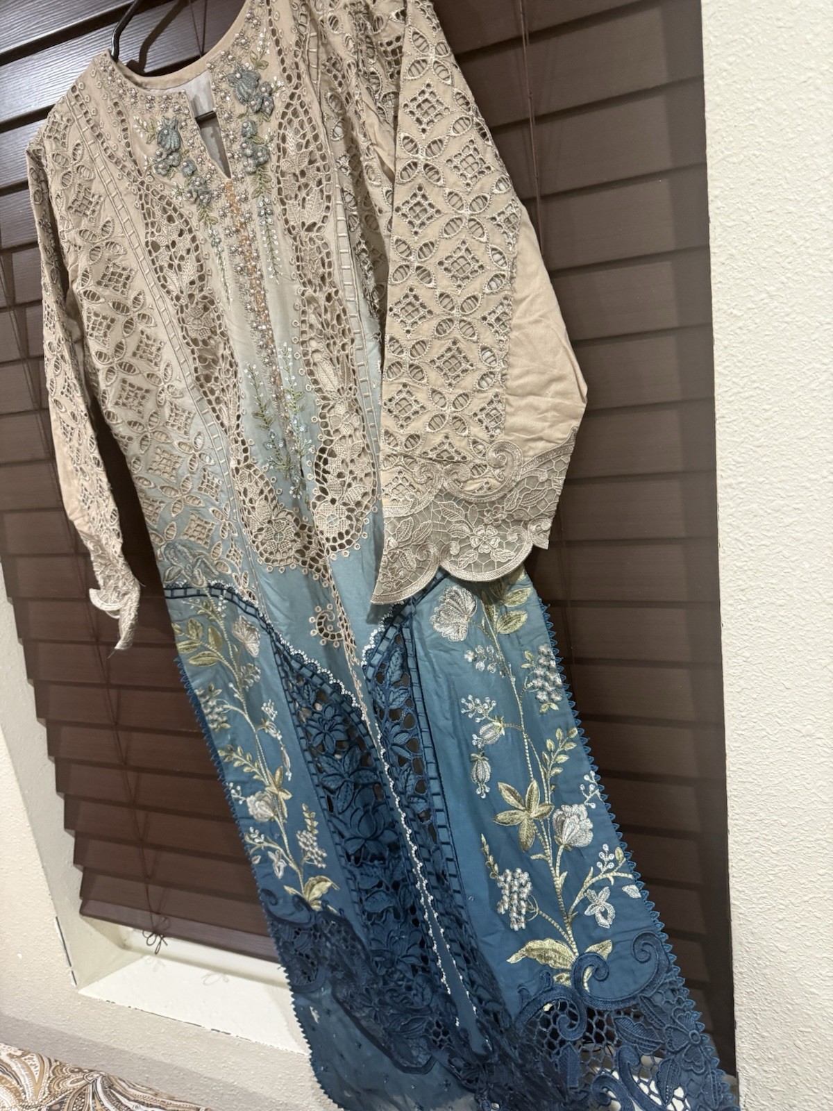 Maria.B Beige Blue Embroidered Net Cotton Pakistani Salwar Kameez for Women
