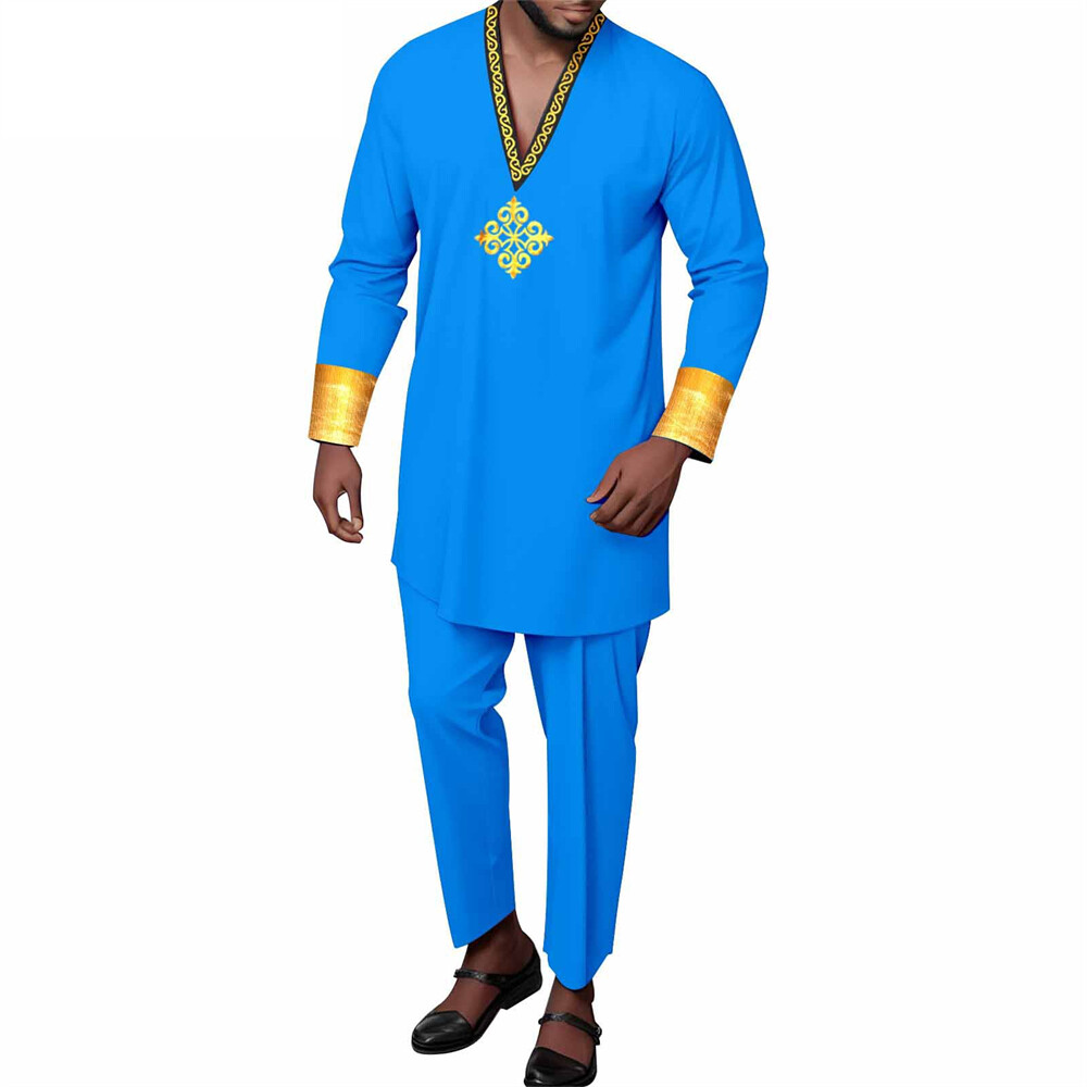 Men’s African 2 Piece Set Traditional Shirt and Pants Set Suit Middle East Suit