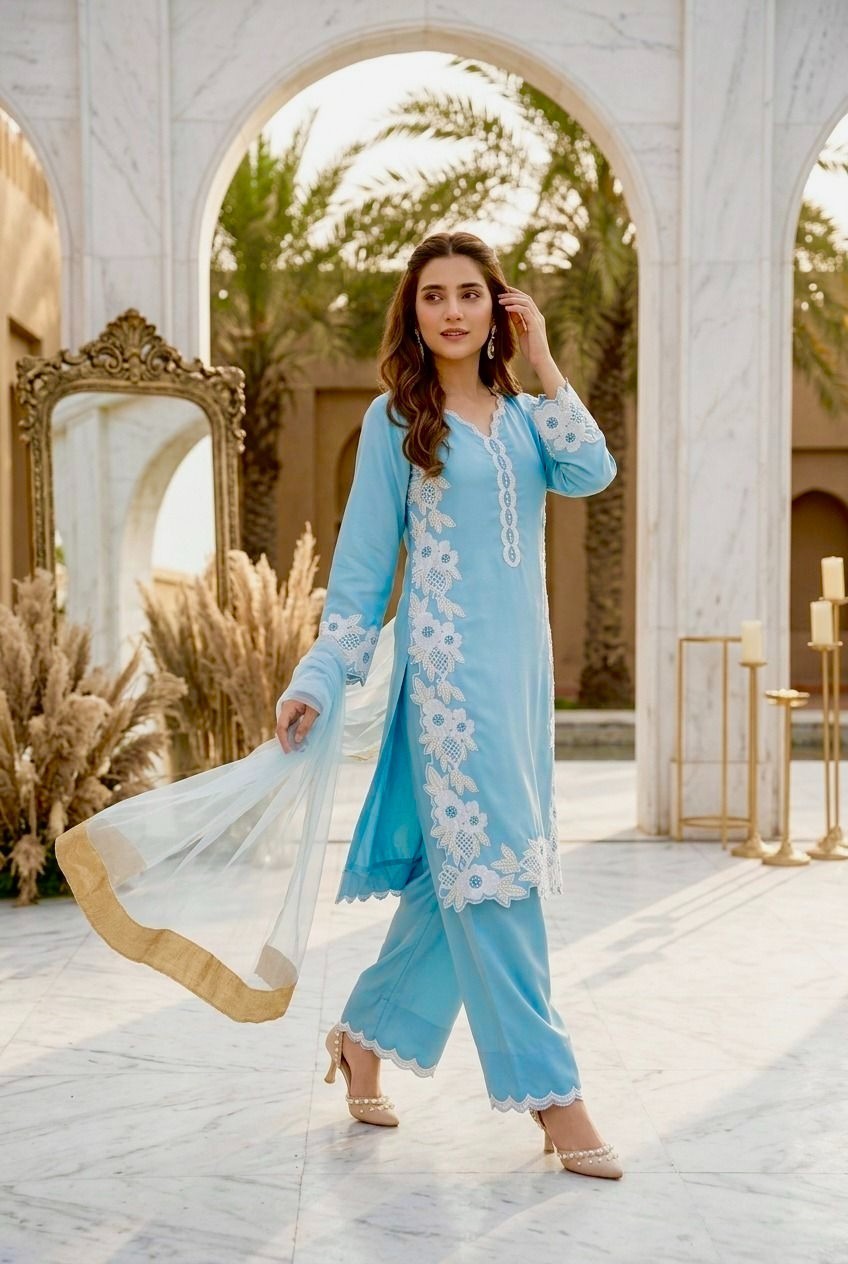 Latest Heavy Natural Silk Skyblue Top Lehenga With Dupatta For Functional Wear