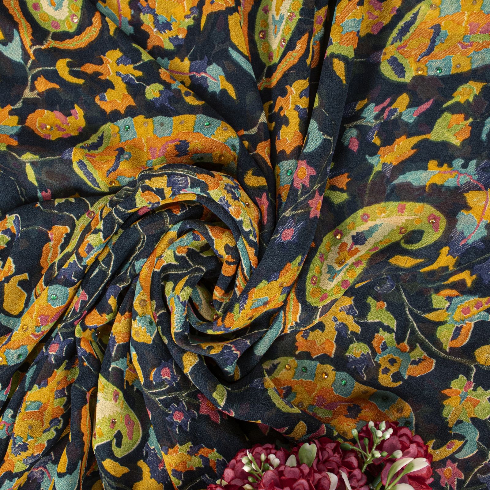 Sanskriti Vintage Saree Black Georgette Kani Palla-Kalamkari Print Fabric Sari