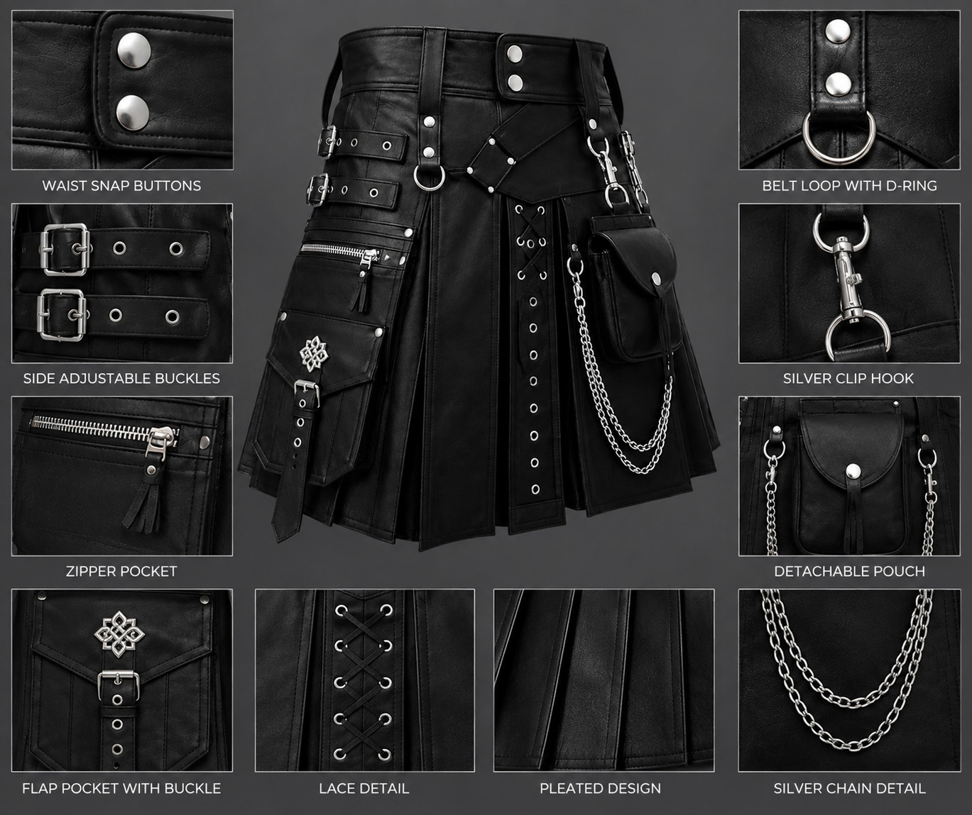 Men’s Handmade Genuine Leather Utility Kilt Black Gothic Scottish Biker Punk