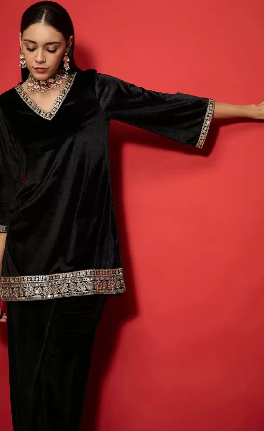 Indian Ethnic wear; Women Solid Zari Lace work Velvet Kurta with Salwar