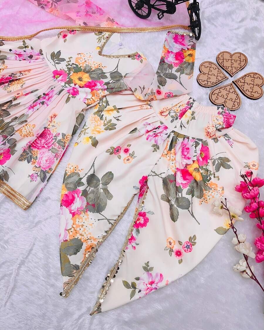 DESIGNER GEORGETTE DIGITAL PRINT WORK KID WEAR TOP DHOTI WITH DUPATTA BABY PINK