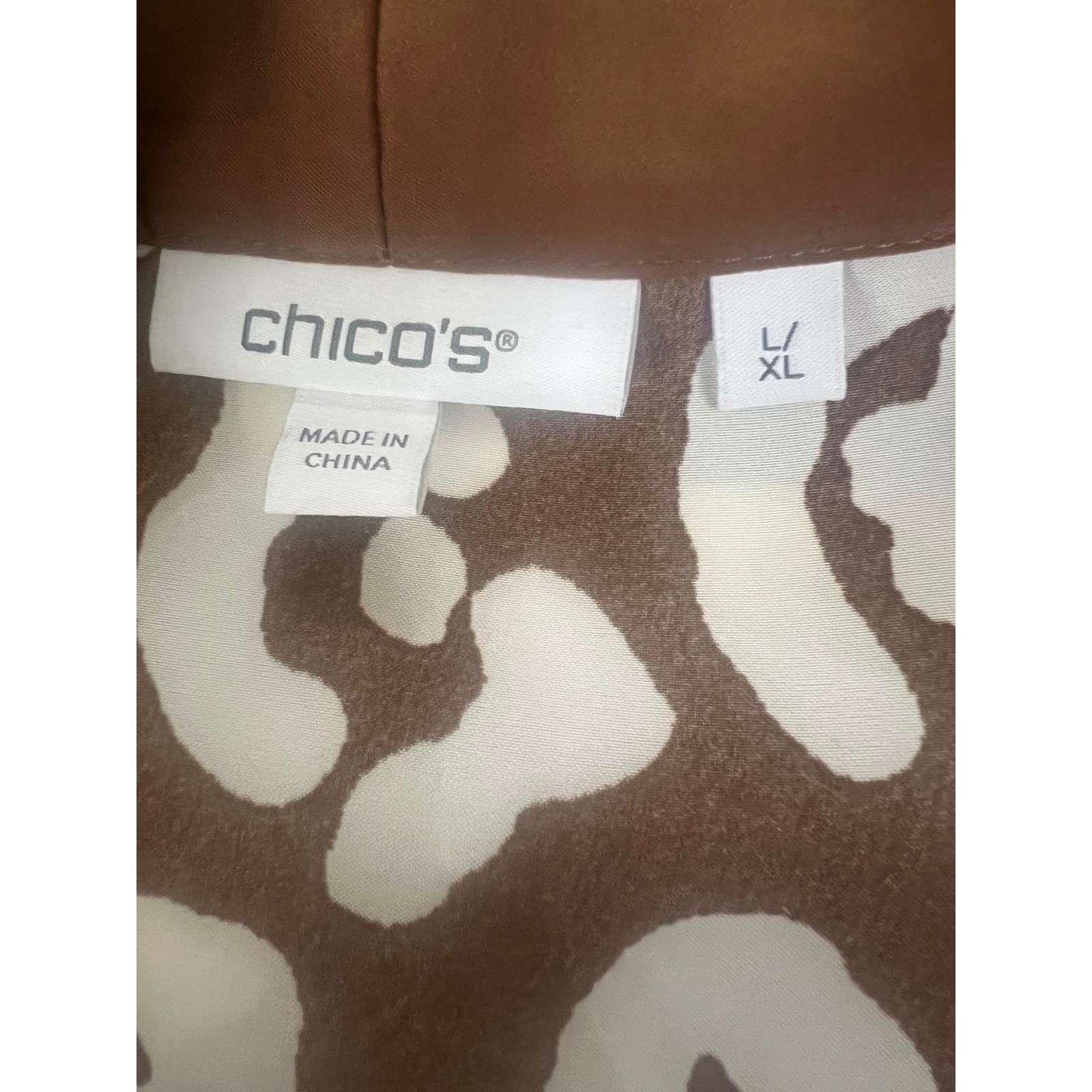 Chico’s brown white kimono satin large XL travel artsy resortwear festival