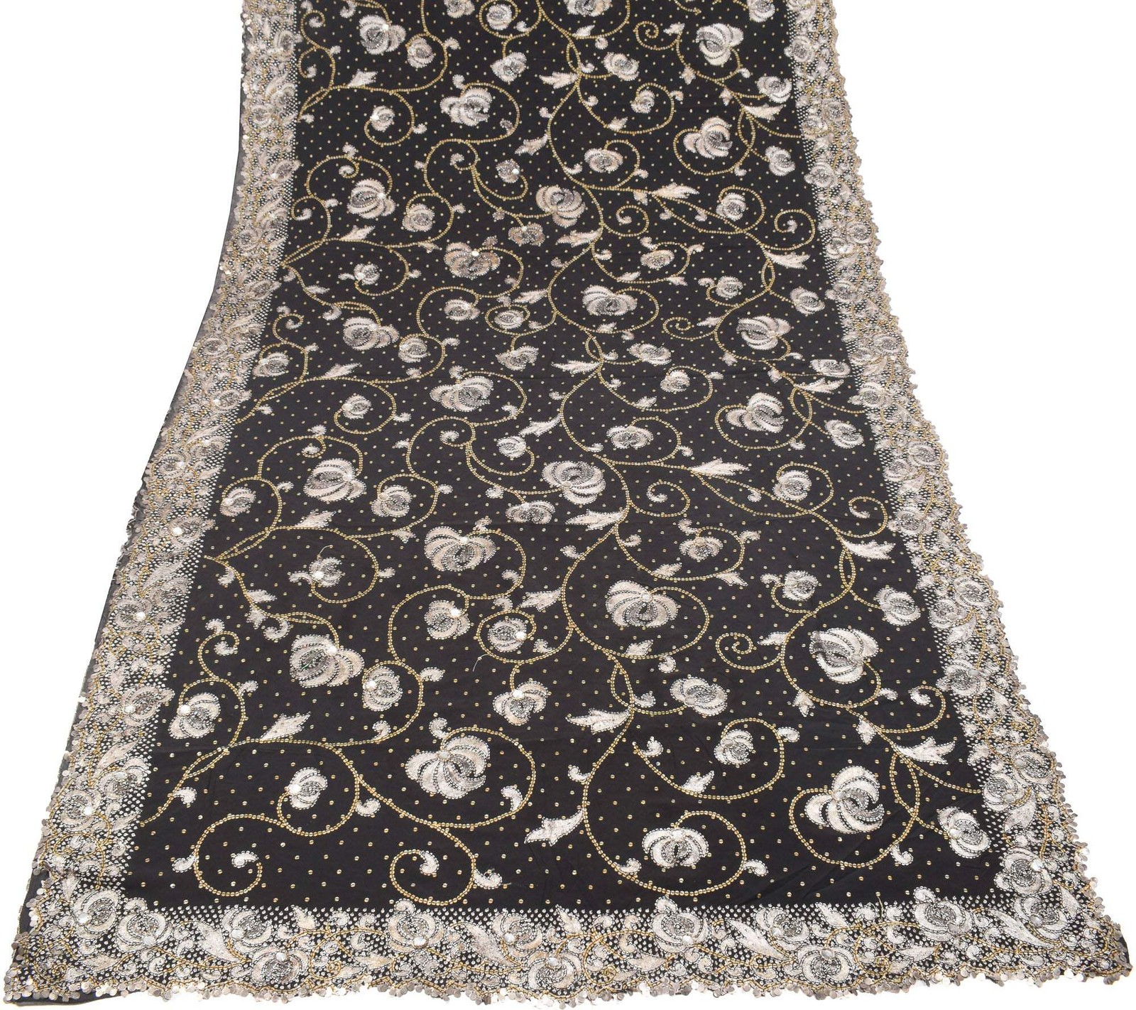 Sushila Vintage HEAVY Black Saree Sequins Zari Embellish Pure Georgette Sari Fab