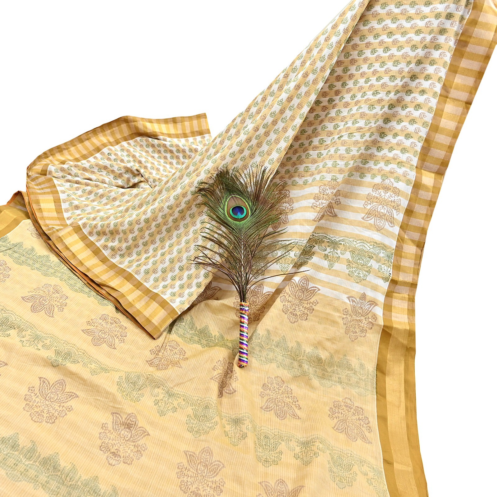 Indian Vintage Sari White & Beige Printed Pure Cotton Sarees Craft Fabric 5YD