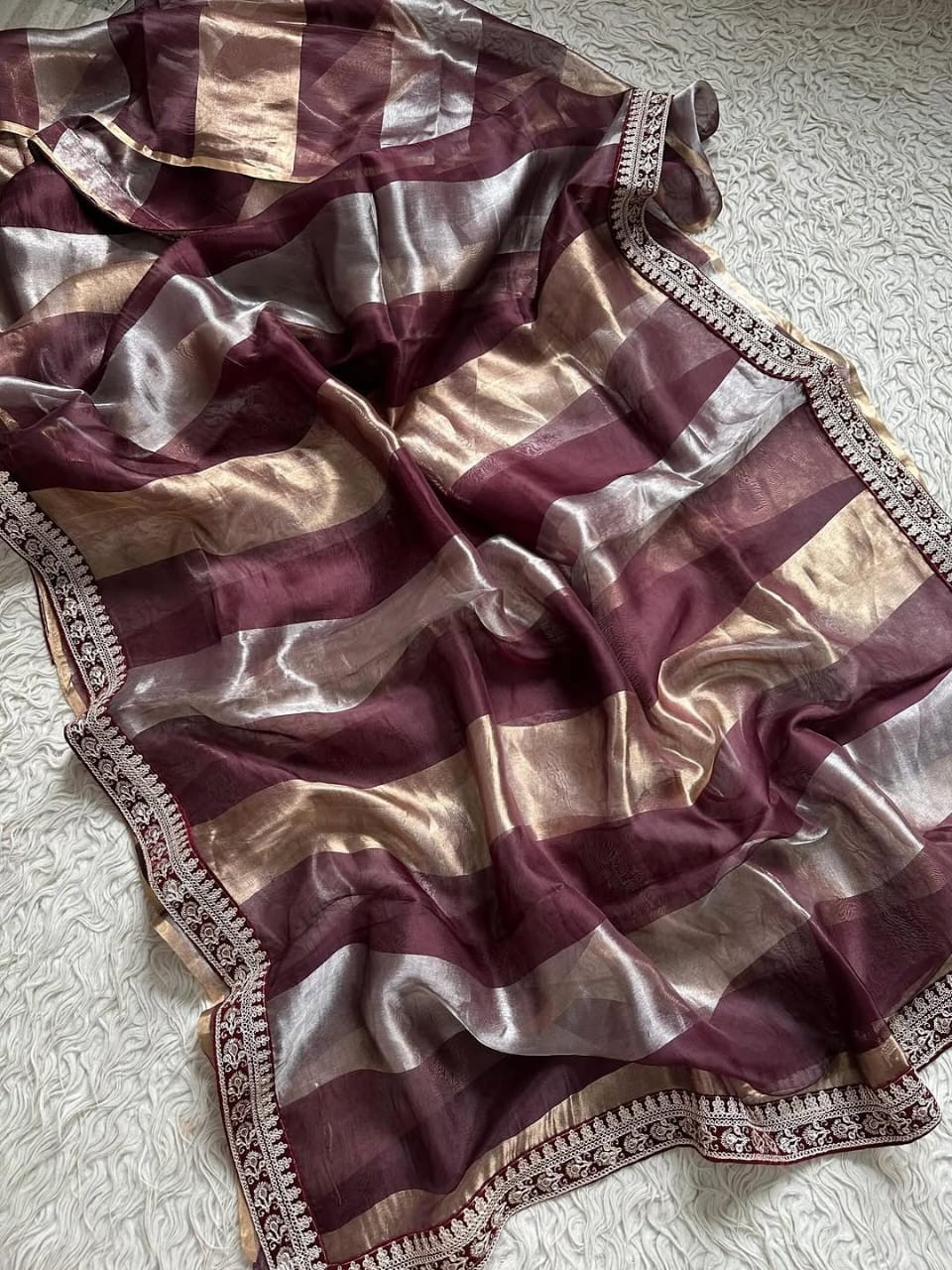 Banarasi Tissue Silk Saree Metallic Striped Designer Lace Border Wedding Sari
