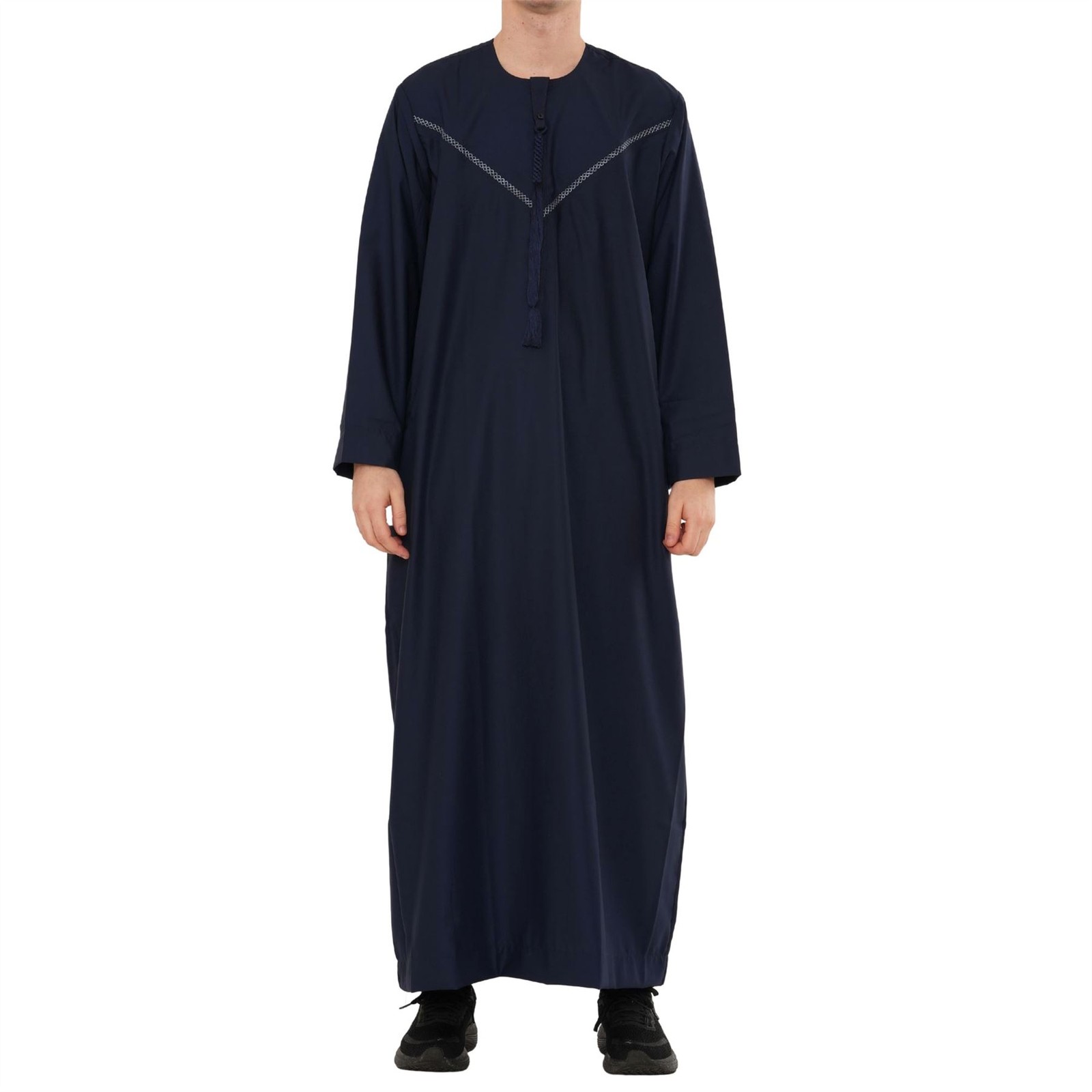 Men’s Navy Thobe Emirati Omani Jubba Islamic Clothing Embroidery Muslim Eid