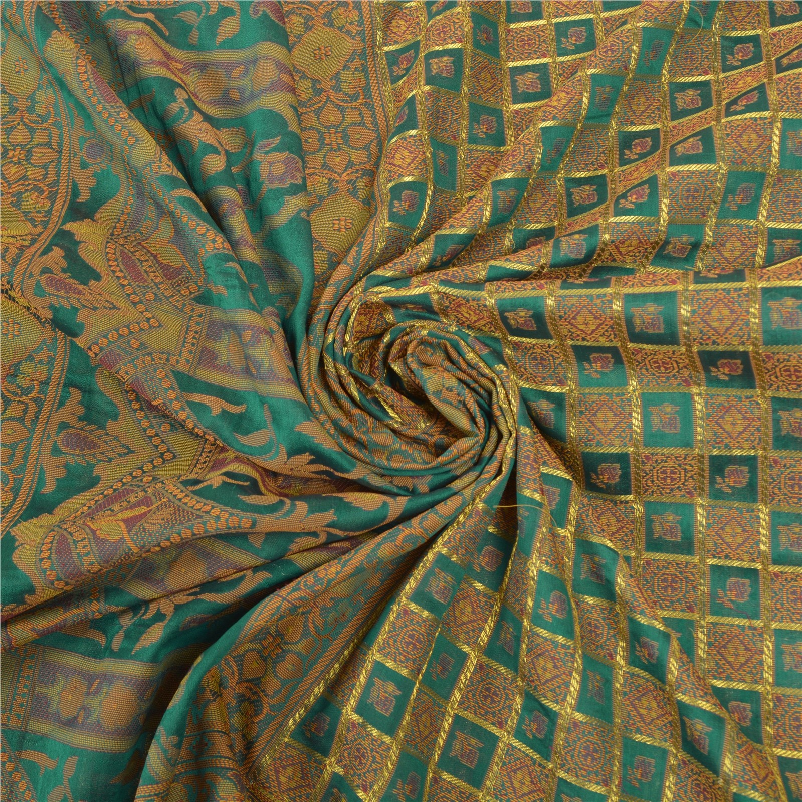 Sanskriti Vintage Rama Green Sarees Artificial Silk Hand- Woven Sari Fabric