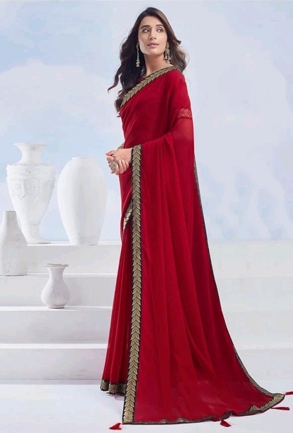 Red Women’s Georgette Lace Saree With Unstitched Blouse Piece
