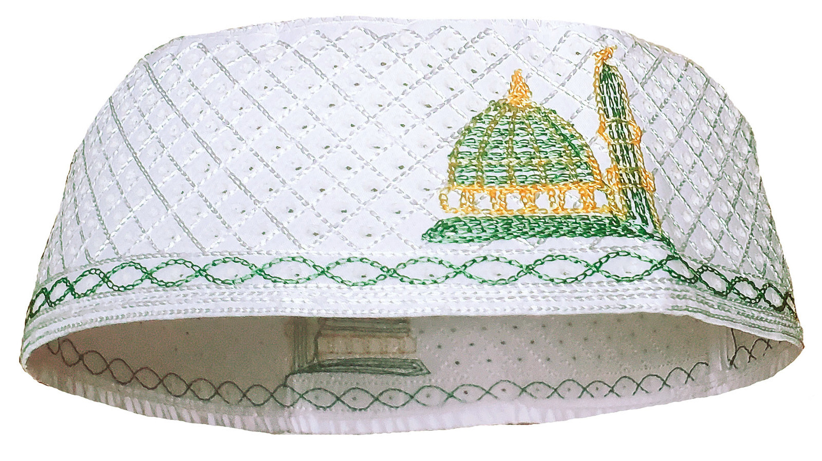 White, Gold and Green Kofia Hat African Embroidered Kufi Cap